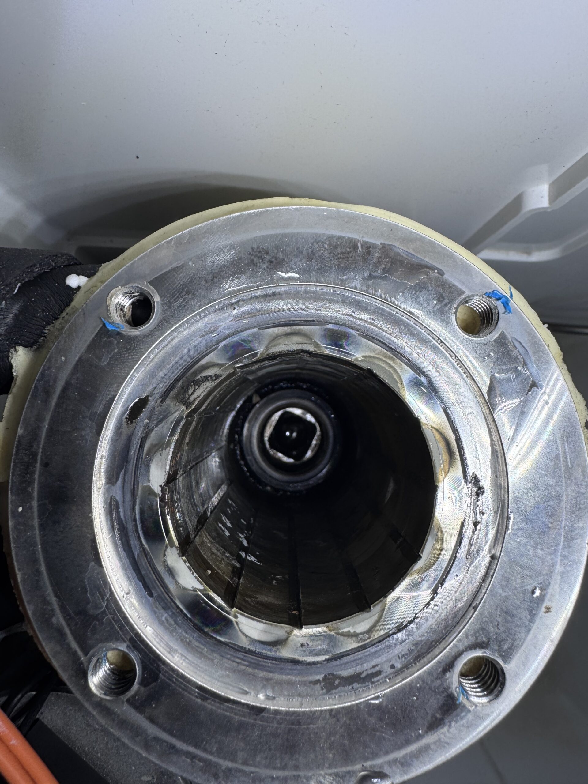 Inside of Scotsman SCN60 evaporator with deep scratches from auger damage - Scotsman repair Houston