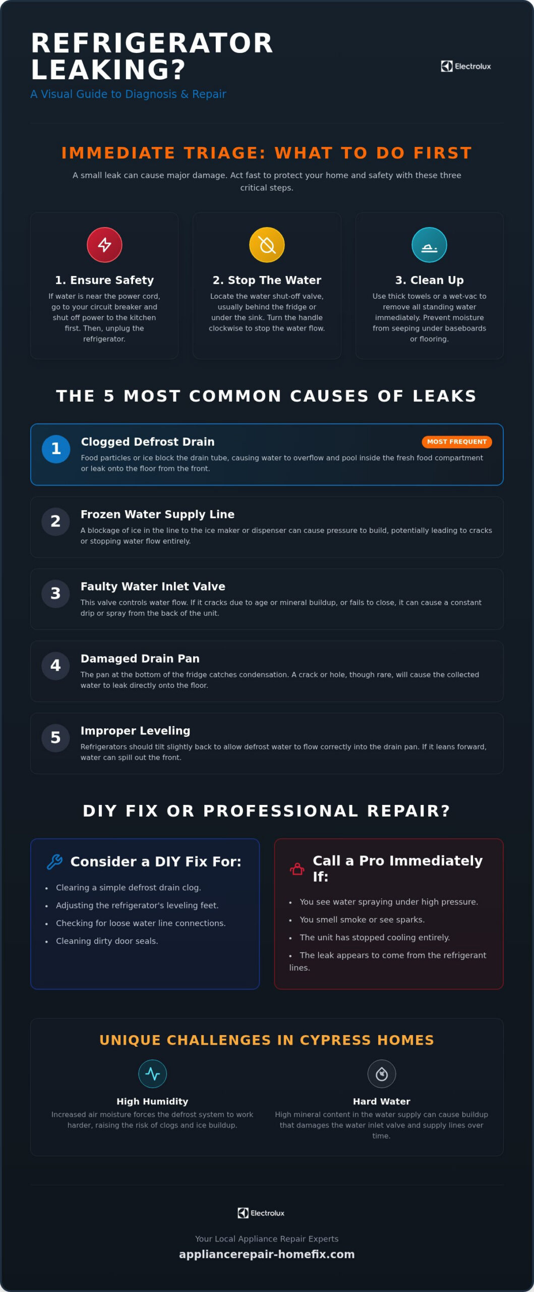 Refrigerator Leaking Water in Cypress: Troubleshooting and Fast Local Repairs